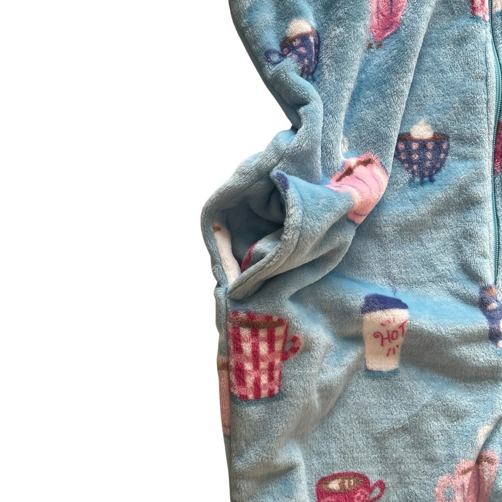 Munki Munki Women's Size L One Piece Pajama Light Blue Coffee Tassle Hood - Picture 7 of 10